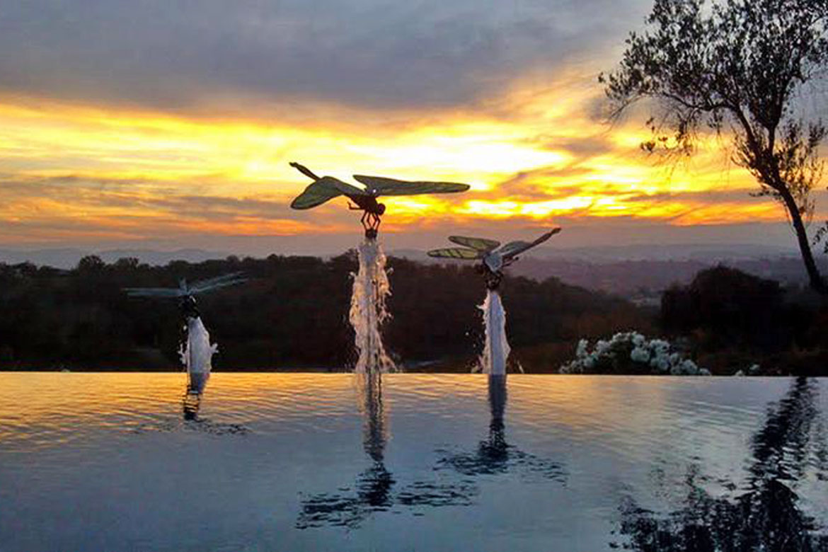 喷泉与不锈钢蜻蜓结合的景观雕塑