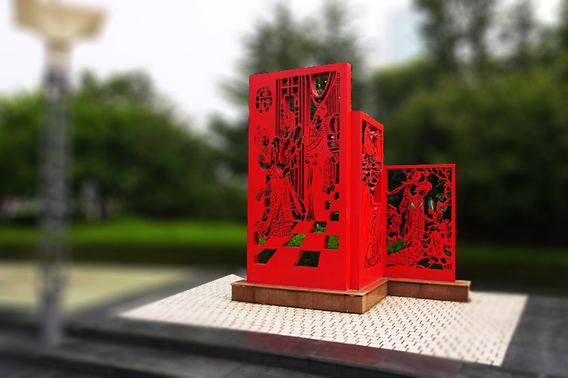 潍坊风筝广场红色窗花剪纸镂空不锈钢雕塑